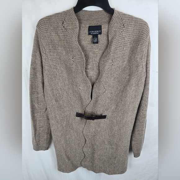 Cynthia Rowley Elegant Tan Women's Merino Wool Cardigan Sweater with Buckle Sz L - Picture 7 of 14